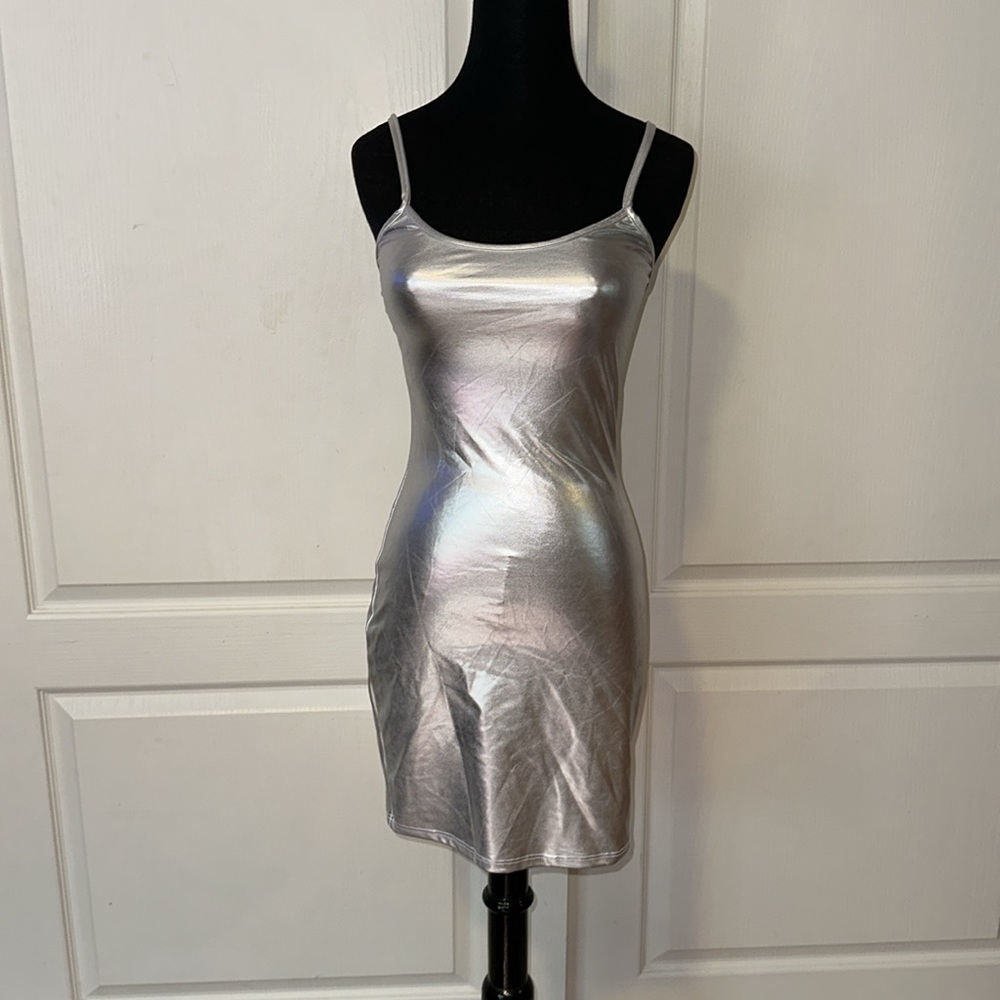 VINTAGE SILVER FOIL CAMI MINI DRESS HOLIDAY NYE